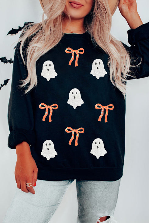 Whimsical Ghost And Bow Graphic Crew Neck Sweatshirt