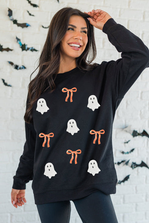 Whimsical Ghost And Bow Graphic Crew Neck Sweatshirt