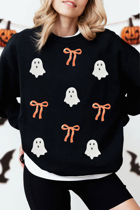 Whimsical Ghost And Bow Graphic Crew Neck Sweatshirt