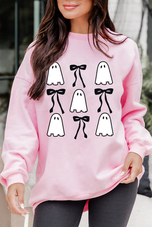 Whimsical Ghost And Bow Graphic Print Sweatshirt