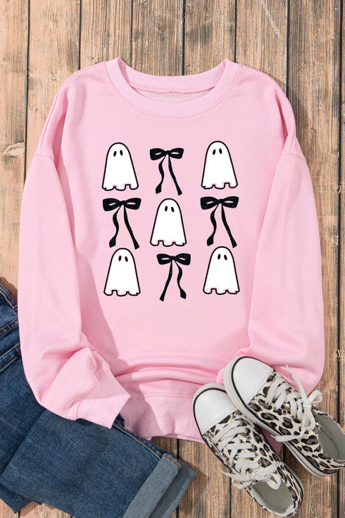 Whimsical Ghost And Bow Graphic Print Sweatshirt