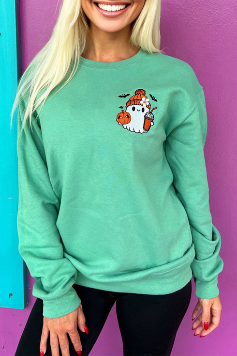 Whimsical Ghost Pumpkin Coffee Graphic Crewneck Sweatshirt