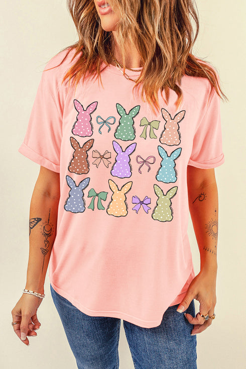 Whimsical Polka Dot Bunny Graphic Crew Neck Shirt