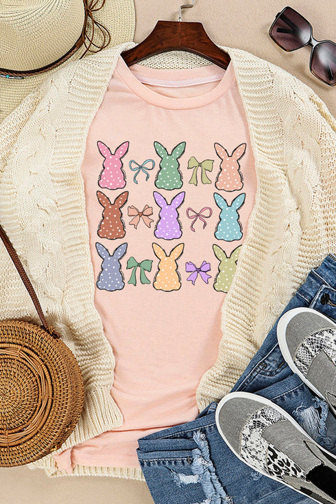 Whimsical Polka Dot Bunny Graphic Crew Neck Shirt