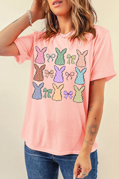 Whimsical Polka Dot Bunny Graphic Crew Neck Shirt