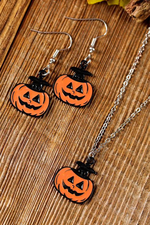 Whimsical Pumpkin Face Charm Necklace And Earring Set