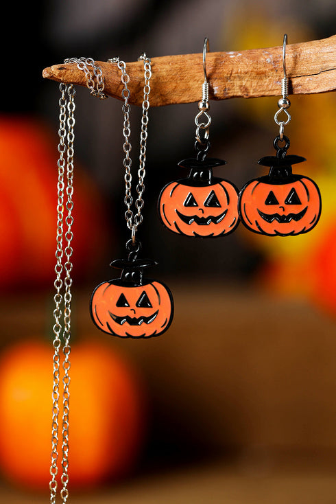 Whimsical Pumpkin Face Charm Necklace And Earring Set