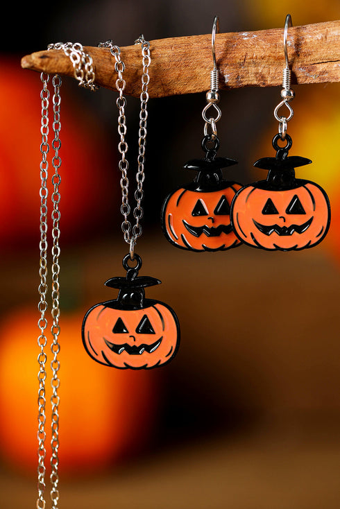 Whimsical Pumpkin Face Charm Necklace And Earring Set
