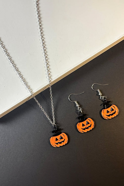 Whimsical Pumpkin Face Charm Necklace And Earring Set