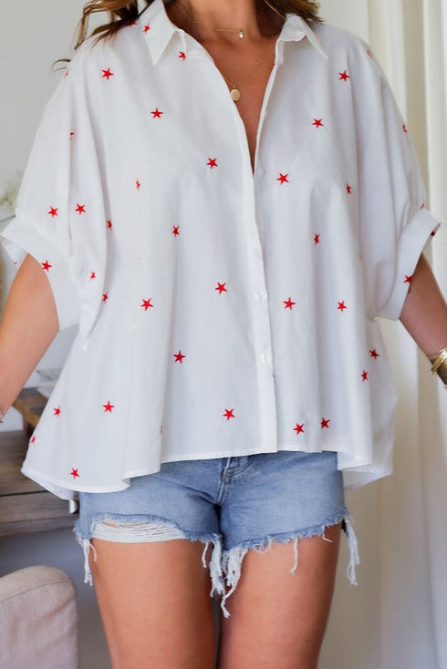 Whimsical Star Gazer Print Loose Half Sleeve Collared Button Up Shirt