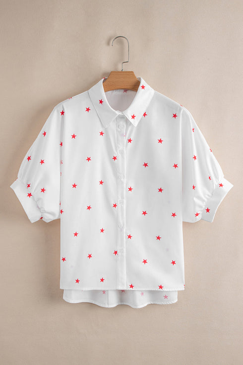 Whimsical Star Gazer Print Loose Half Sleeve Collared Button Up Shirt