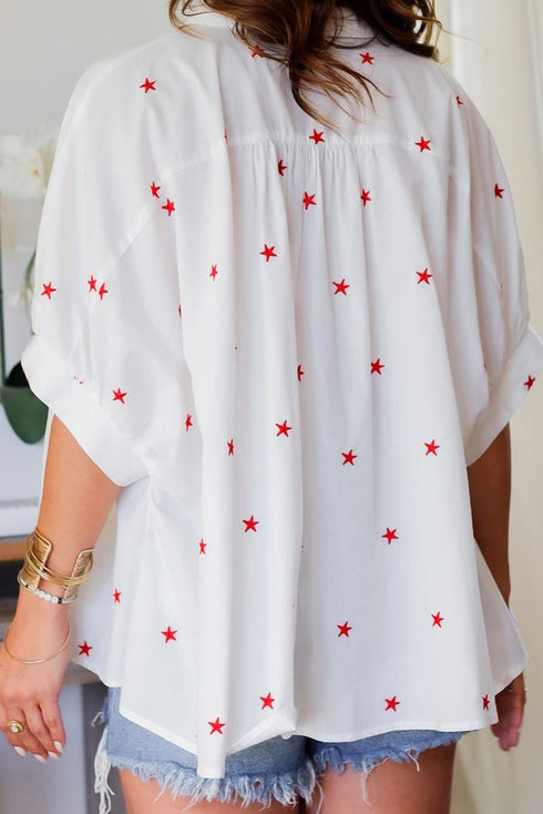 Whimsical Star Gazer Print Loose Half Sleeve Collared Button Up Shirt