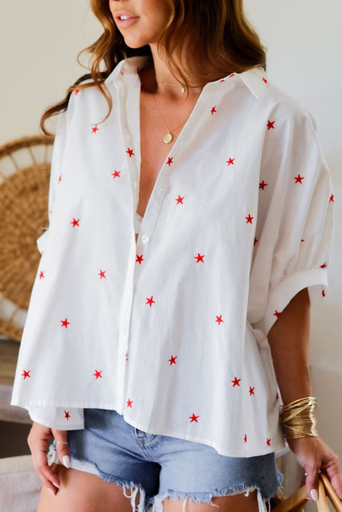 Whimsical Star Gazer Print Loose Half Sleeve Collared Button Up Shirt