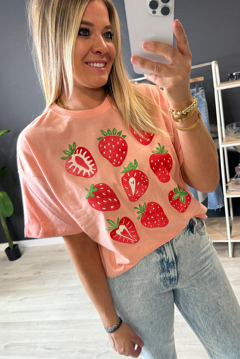 Whimsical Strawberry Fruit Print Short Sleeve Graphic Tee