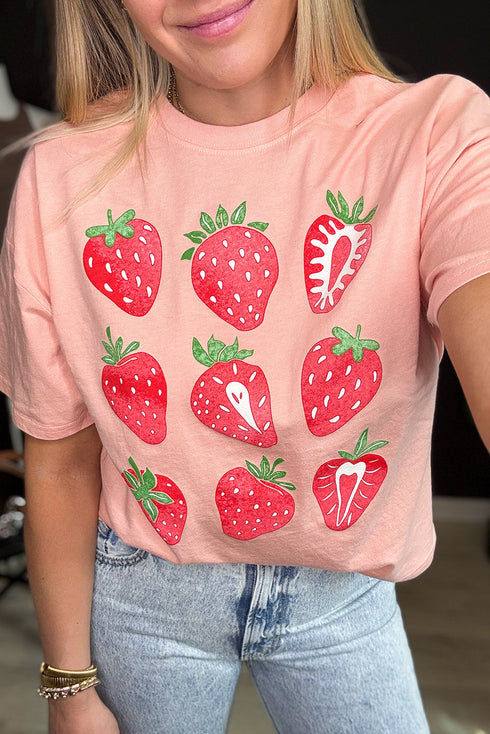 Whimsical Strawberry Fruit Print Short Sleeve Graphic Tee