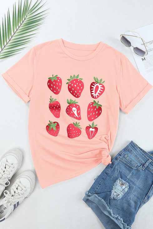 Whimsical Strawberry Fruit Print Short Sleeve Graphic Tee