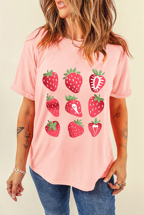 Whimsical Strawberry Fruit Print Short Sleeve Graphic Tee