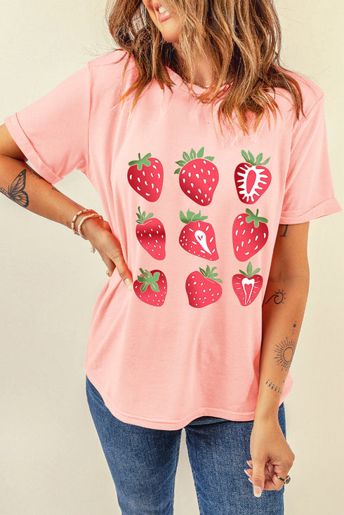 Whimsical Strawberry Fruit Print Short Sleeve Graphic Tee