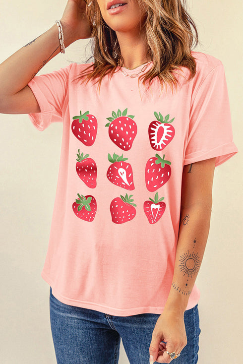 Whimsical Strawberry Fruit Print Short Sleeve Graphic Tee
