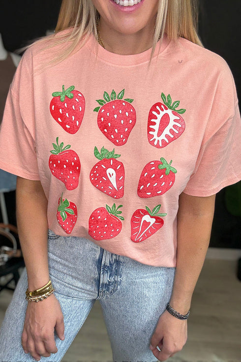 Whimsical Strawberry Fruit Print Short Sleeve Graphic Tee