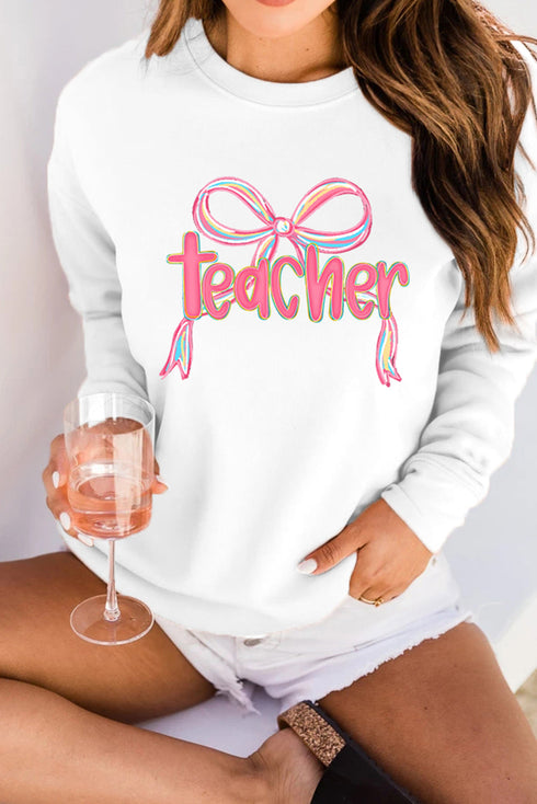 Whimsical Teacher Bow Graphic Crew Neck Sweatshirt