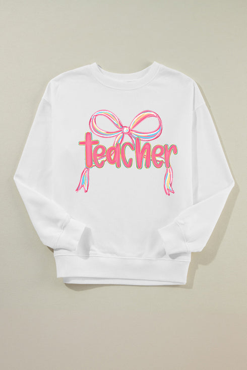 Whimsical Teacher Bow Graphic Crew Neck Sweatshirt