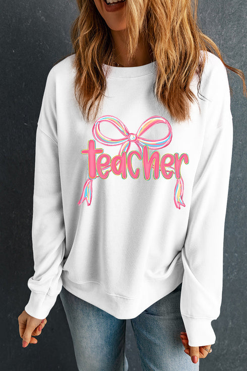 Whimsical Teacher Bow Graphic Crew Neck Sweatshirt
