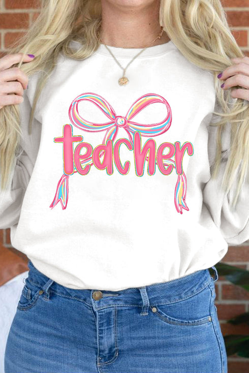 Whimsical Teacher Bow Graphic Crew Neck Sweatshirt