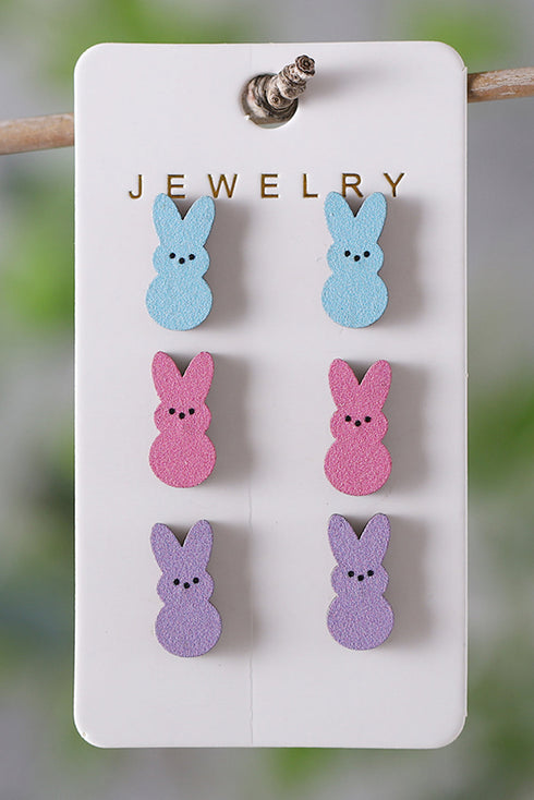 Whimsical Wooden Bunny Figure Statement Drop Earrings