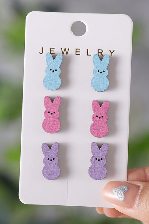 Whimsical Wooden Bunny Figure Statement Drop Earrings