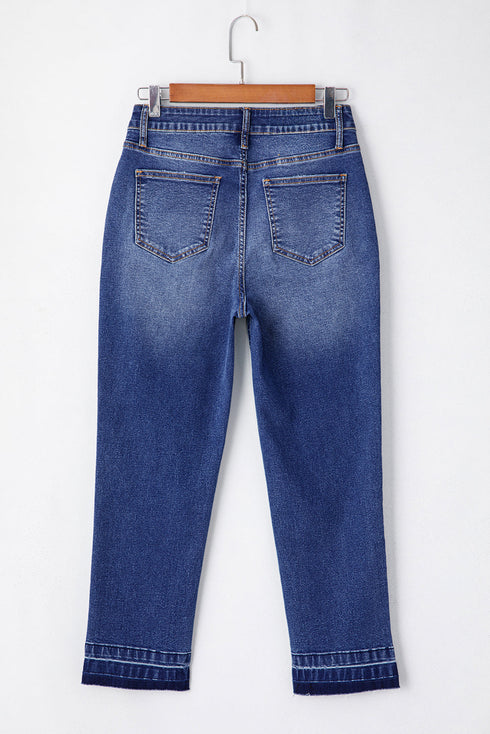 Whiskered Wash Raw Hem Cropped Casual Denim Jeans