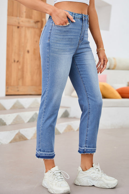 Whiskered Wash Raw Hem Cropped Casual Denim Jeans