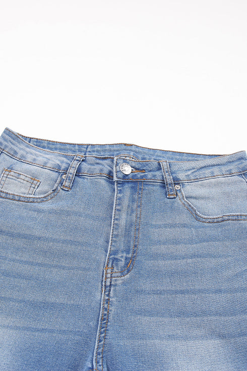 Whiskered Wash Raw Hem Cropped Casual Denim Jeans