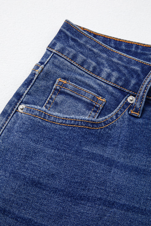 Whiskered Wash Raw Hem Cropped Casual Denim Jeans