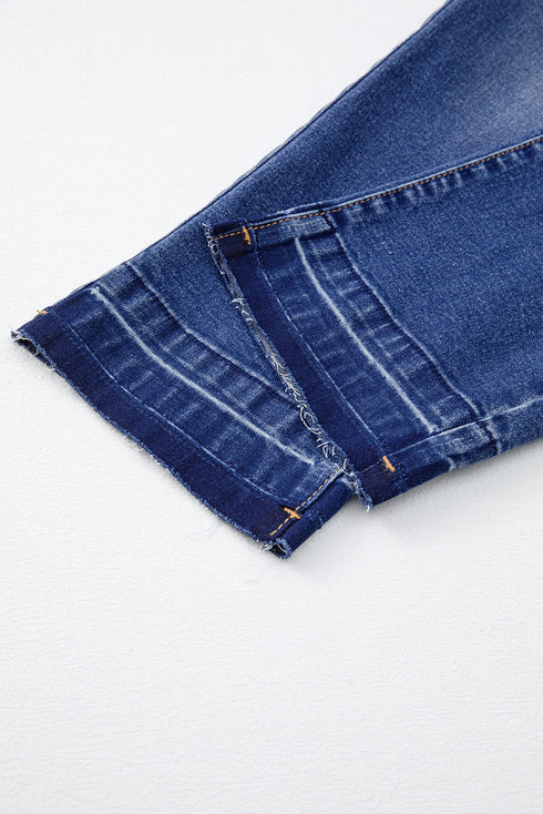 Whiskered Wash Raw Hem Cropped Casual Denim Jeans