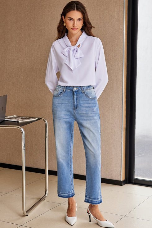 Whiskered Wash Raw Hem Cropped Casual Denim Jeans