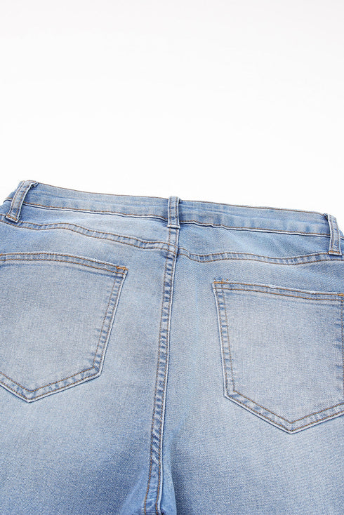 Whiskered Wash Raw Hem Cropped Casual Denim Jeans