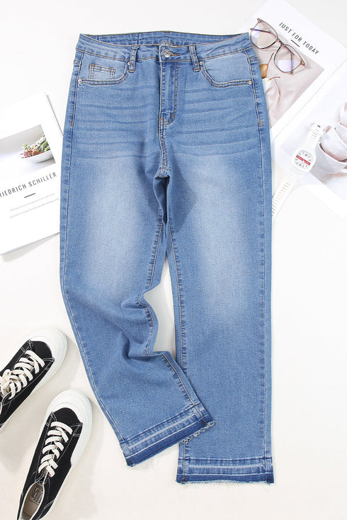 Whiskered Wash Raw Hem Cropped Casual Denim Jeans