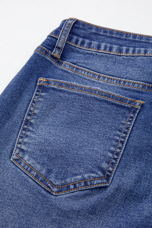 Whiskered Wash Raw Hem Cropped Casual Denim Jeans