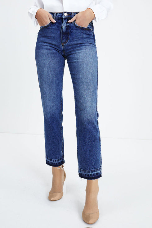 Whiskered Wash Raw Hem Cropped Casual Denim Jeans