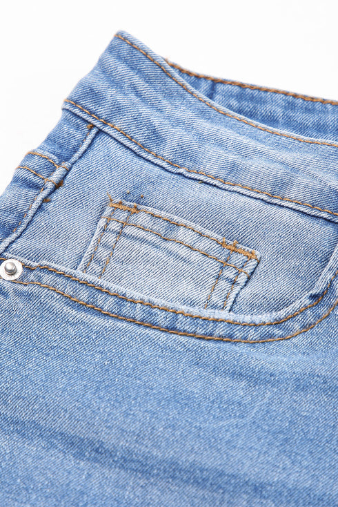 Whiskered Wash Raw Hem Cropped Casual Denim Jeans