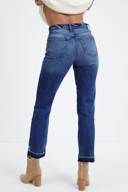 Whiskered Wash Raw Hem Cropped Casual Denim Jeans