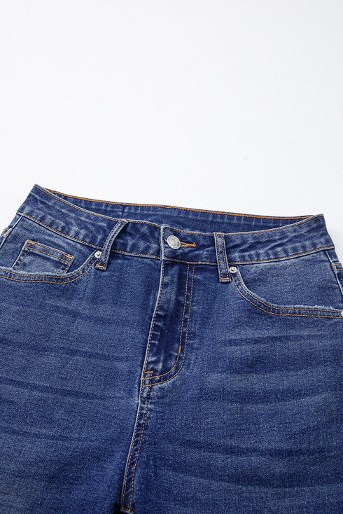 Whiskered Wash Raw Hem Cropped Casual Denim Jeans