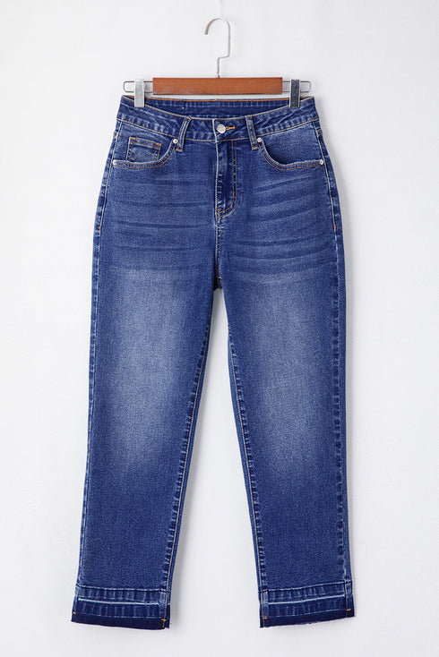 Whiskered Wash Raw Hem Cropped Casual Denim Jeans