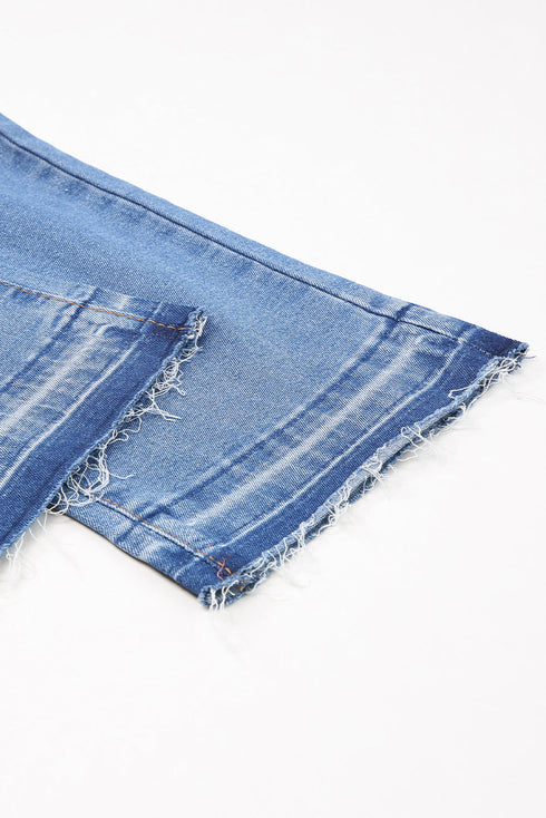 Whiskered Wash Raw Hem Cropped Casual Denim Jeans