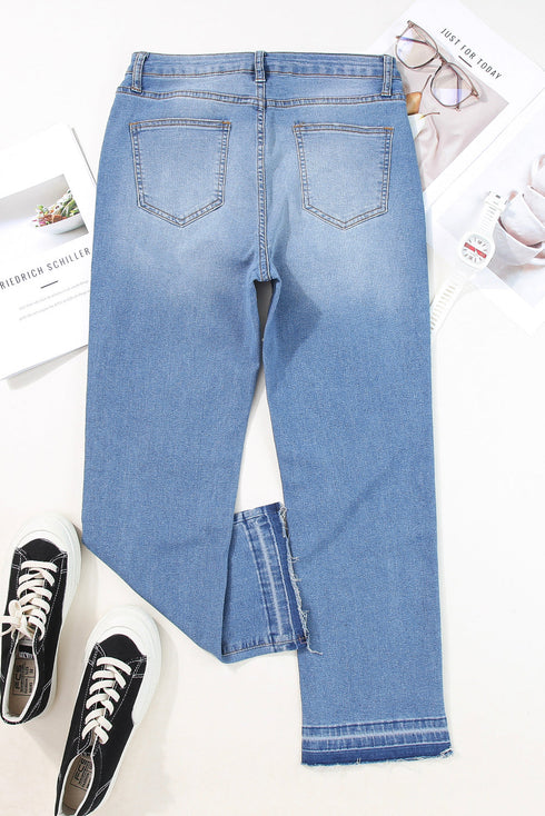 Whiskered Wash Raw Hem Cropped Casual Denim Jeans