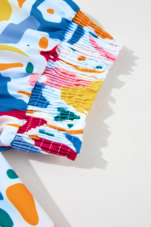 White Abstract Print Shirred Cuff Puff Sleeve Plus Size Blouse