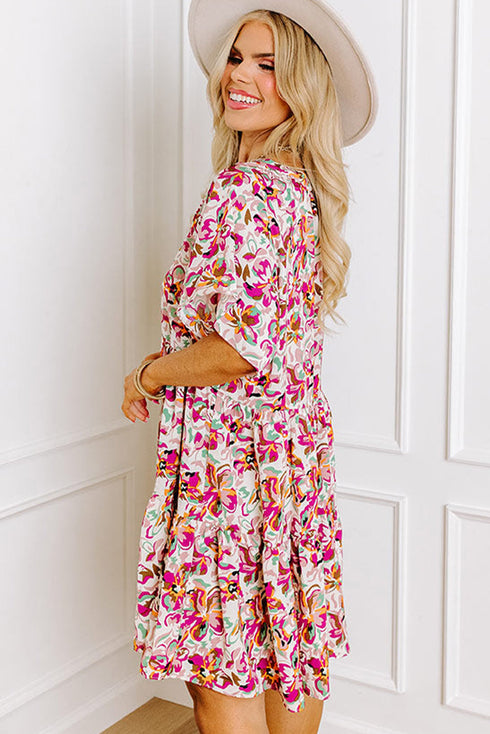 White Abstract Print V Neck Short Sleeve Ruffled Plus Size Mini Dress