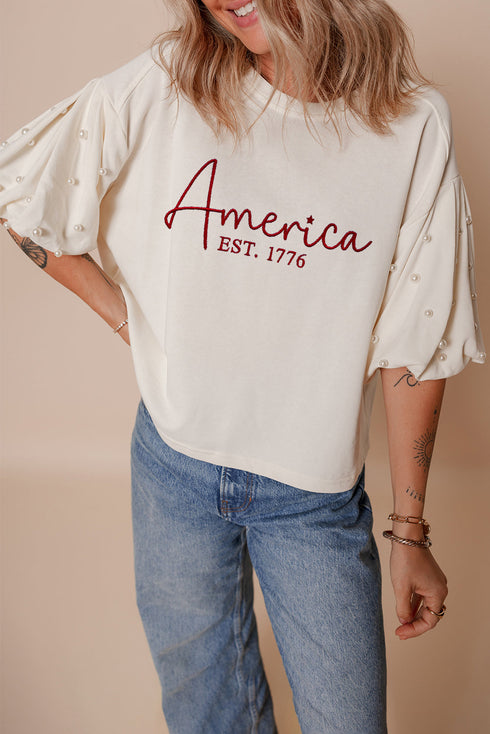 White America EST 1776 Embroidered Pearl Beaded Sleeve T Shirt