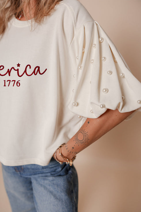 White America EST 1776 Embroidered Pearl Beaded Sleeve T Shirt